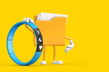 Sarı Dosya Dizini Simgesi Karakter Maskotu. Sarı arka planda Mavi Fitness İzleyicisi var. 3d Hazırlama 