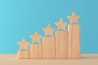 Mavi arka planda Tahta Blok Beş Kaliteli Yıldız Şekli. 3d Hazırlama 