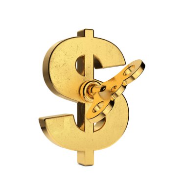 Beyaz arka planda Altın Anahtar yazan Altın Amerikan Doları tabelası. 3d Hazırlama