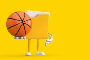 Sarı Dosya Dizini Simgesi Karakter Maskotu, sarı arka planda basketbol topu var. 3d Hazırlama 