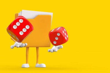 Sarı Dosya Dizini Simgesi Karakter Maskotu Kırmızı Oyun Zar Küpleri ile sarı arka planda. 3d Hazırlama 