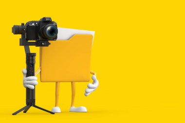 Sarı Dosya Dizini Simgesi Karakter Maskotu DSLR ya da Video Kamera Gimbal Stabilizasyon Sistemi sarı zemin üzerinde. 3d Hazırlama 