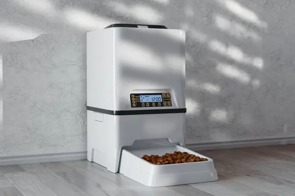 Automatic Electronic Digital Pet Dry Food Storage Meal Feeder Dispenser in Room with White Wall background. 3d Rendering
