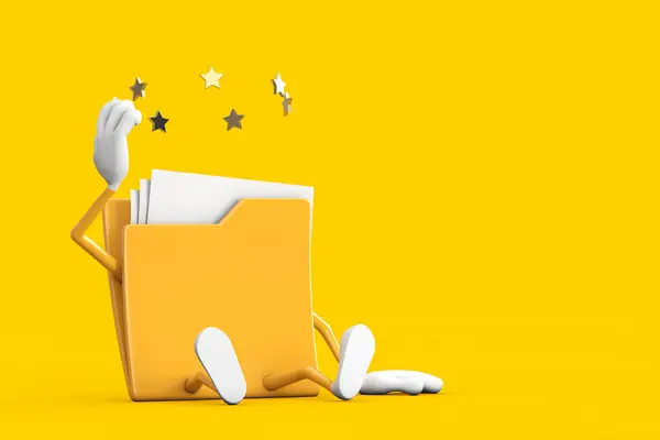 Seated Yellow File Folder Icon Cartoon Person Character Mascot with Stars Around Head on a yellow background. 3d Rendering