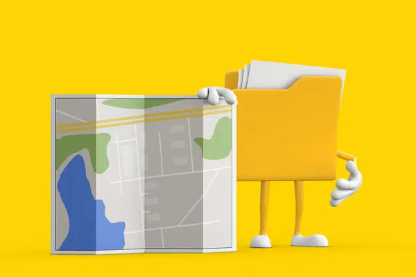 Yellow File Folder Icon Cartoon Person Character Mascot with Abstract City Plan Map on a yellow background. 3d Rendering