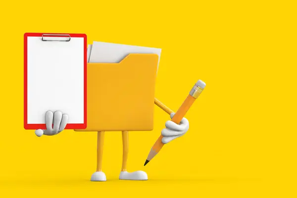 Yellow File Folder Icon Cartoon Person Character Mascot with Red Plastic Clipboard, Paper and Pencil on a yellow background. 3d Rendering