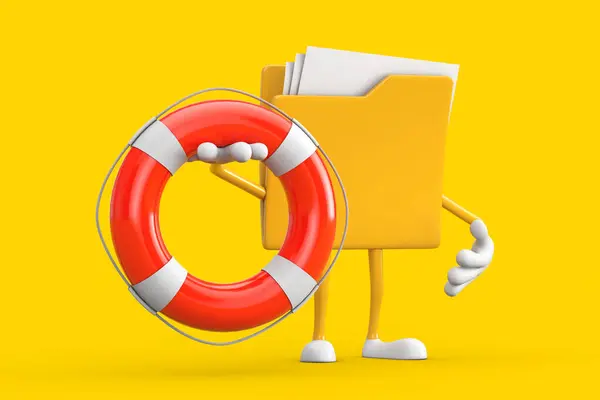 Yellow File Folder Icon Cartoon Person Character Mascot with Life Buoy on a yellow background. 3d Rendering