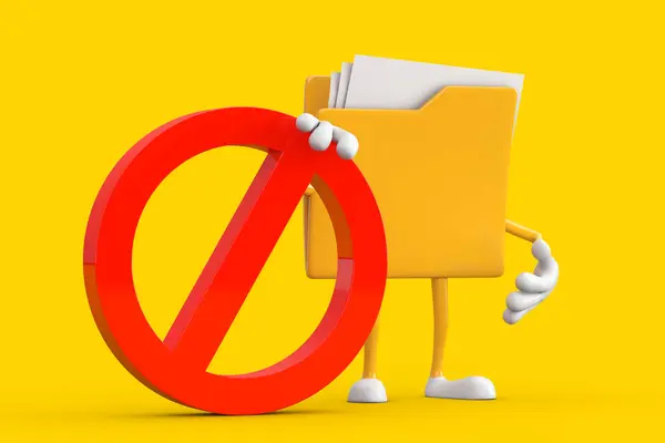 Yellow File Folder Icon Cartoon Person Character Mascot with Red Prohibition or Forbidden Sign on a yellow background. 3d Rendering