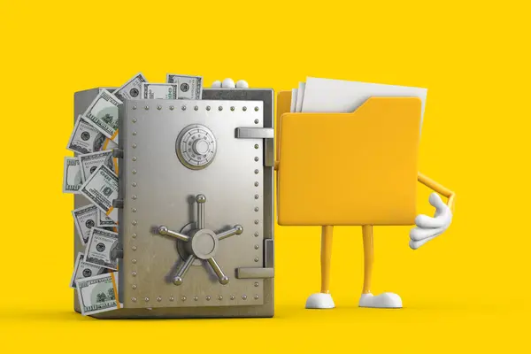 Yellow File Folder Icon Cartoon Person Character Mascot with Vault or Safe Box Full of Dollar Bills on a yellow background. 3d Rendering