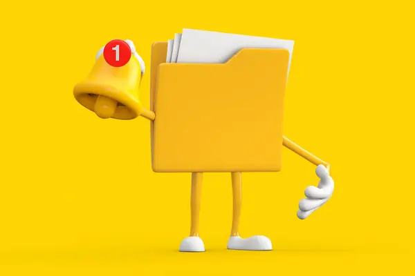 Yellow File Folder Icon Cartoon Person Character Mascot witn Cartoon Social Media Notification Bell and New Message Icon on a yellow background. 3d Rendering