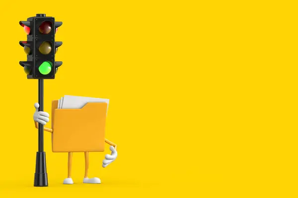 Yellow File Folder Icon Cartoon Person Character Mascot with Traffic Green Light on a yellow background. 3d Rendering