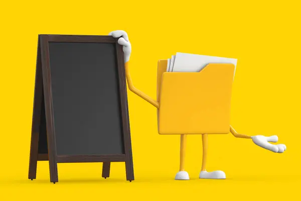 Yellow File Folder Icon Cartoon Person Character Mascot with Blank Wooden Menu Blackboards Outdoor Display on a yellow background. 3d Rendering