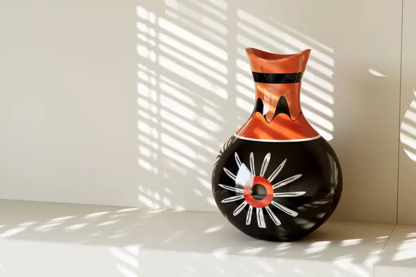 Black Wooden Abstract African Design Vase in Room with White Wall and Sun Shadows extreme closeup.. 3d Rendering