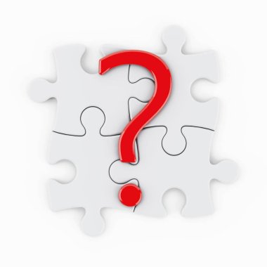 Beyaz arka planda bir yapboz üzerindeki kırmızı soru işareti. 3d Hazırlama