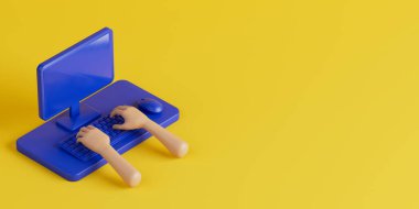 Infographic Isometric Karikatür Sahnesi Masaüstü ve Eller sarı arka planda bir Bilgisayar Klavyesinde. 3d Hazırlama