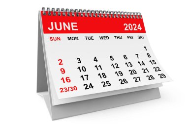 Beyaz bir arka planda 2024 Haziran takvimi. 3d Hazırlama