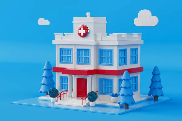 Abstract Scene with Cartoon Hospital Building on a blue background. 3d Rendering