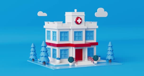 4K決断ビデオ 青い背景にある漫画病院ビルとの抽象的なシーン — ストック動画