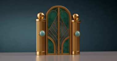 4k Çözünürlük Videosu: Soyut Majestic Desterned Metal Door in a Arched Golden Entryway on a Blue Wall background with Alpha Mate
