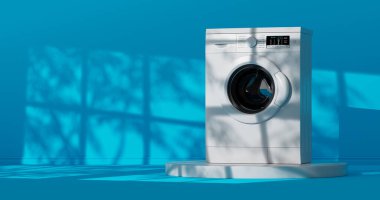 Mavi Odadaki Modern Beyaz Çamaşır Makinesi, Güneş Gölgeleri 'nin son derece yakın çekimine tanık oldu. 3d Hazırlama