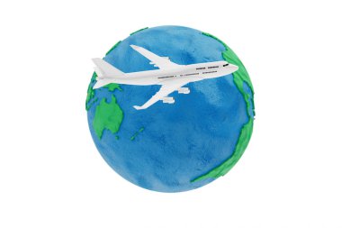 Yolcu Uçağı Plastik Küre 'nin etrafında beyaz bir arka planda uçuyor. 3d Hazırlama