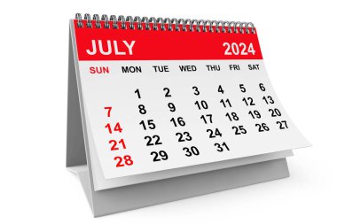 Beyaz arka planda 2024 Temmuz takvimi. 3d oluşturma