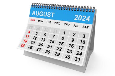 Beyaz arka planda 2024 Ağustos takvimi. 3d oluşturma