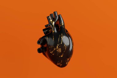 Turuncu arka planda Siyah ve Altın Mermer Kalp. 3d Hazırlama