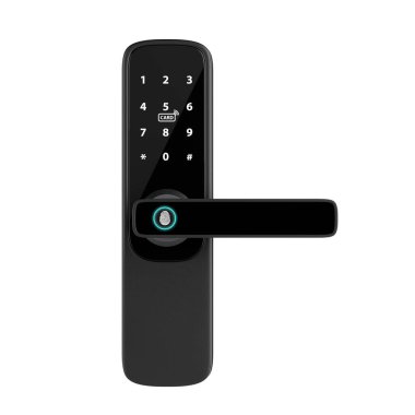 Inteligente Biometric Smart Door Lock ve beyaz arka planda dijital tuş takımı. 3d Hazırlama