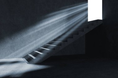 Başarı ve Büyüme Konsepti. Dark Beton Bodrum 'dan Light' a kadar olan merdivenler çok yakın. 3d Hazırlama
