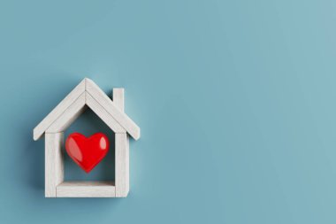 Ev Aşkı Konsepti. Mavi arka planda Kırmızı Yürekli Soyut Minyatür Beyaz Tahta Ev. 3d Hazırlama