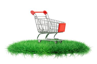 Beyaz arka planda Green Grass Podyum Sahnesi 'nde alışveriş arabası tramvayı. 3d Hazırlama