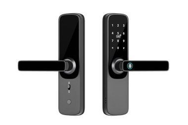 Inteligente Biometric Smart Door Lock ve beyaz arka planda dijital tuş takımı. 3d Hazırlama