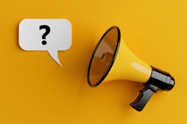 Sarı arka planda Konuşma Bulutu 'ndaki Soru İşaretli Sarı Megafon Chat Bubble. 3d Hazırlama