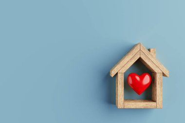 Ev Aşkı Konsepti. Mavi arka planda Kırmızı Yürekli Soyut Minyatür Beyaz Tahta Ev. 3d Hazırlama