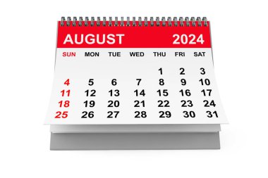 Beyaz arka planda 2024 Ağustos takvimi. 3d oluşturma