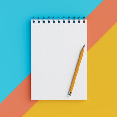 Renkli bir arka planda Kalem ile Boş Not Defteri. 3d Hazırlama