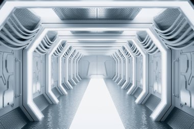 Parlak Futuristik Bilim-Kurgu Koridoru Uzay Gemisi İç Çekim Kapısı. 3d Hazırlama