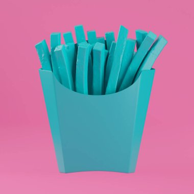 Mavi patates kızartması Duotone tarzında, pembe arka planda, boş kağıt kovayla. 3d Hazırlama