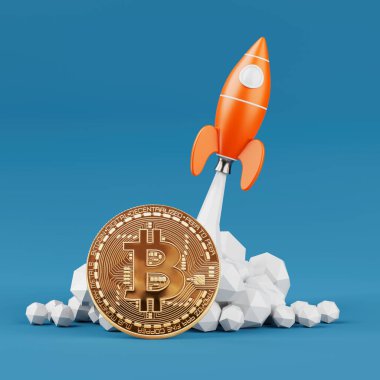 Bitcoin Büyüme Konsepti. Toy Rocket, mavi arka planda Dijital Altın Şifreleme Bozukluğu ile Duman Çıkartıyor. 3d Hazırlama