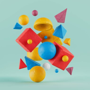 Yeşil arka planda minimalizm, Clay Geometrik Şekiller. 3d Hazırlama