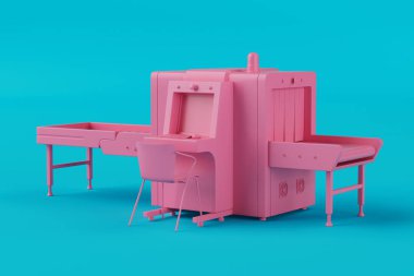 Mavi arka planda, Clay Duotone Tek Renkli Tarayıcı ile Pembe Havaalanı X-ray Güvenlik Bagaj Tarayıcısı. 3d Hazırlama