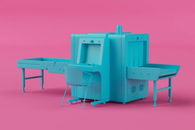 Mavi Havaalanı X-ray Güvenlik Bagaj Tarayıcısı Clay Duotone Tek Renk Tarzı pembe arka planda. 3d Hazırlama