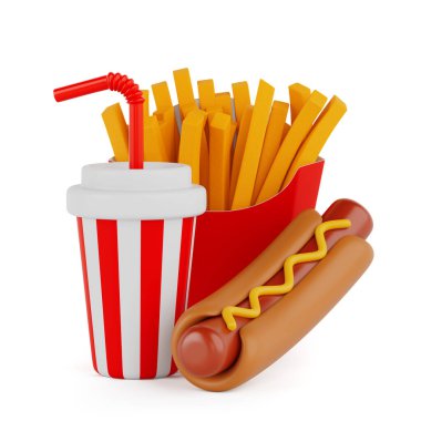 Fast Food Icons Set: Burger, Hotdog ve beyaz arka planda alkolsüz içecek. 3d Hazırlama