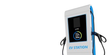 Beyaz arka planda, elektrikli araba şarj istasyonu için beyaz modern güç kaynağı. 3d Hazırlama