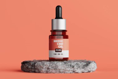 Soyut markalaştırma bitkisel eczacılık CBD Göz damlası şişesi Stone Stage 'in üstünde turuncu bir arka planda. 3d Hazırlama