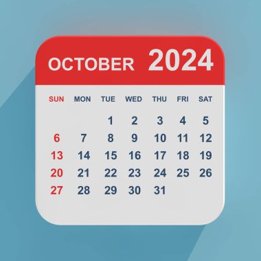 Düz Simge Takvimi Ekim 2024 mavi arka planda. 3d Hazırlama