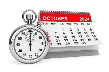 2024 Ekim Takvimi 'nde Kronometre beyaz arka planda. 3d oluşturma