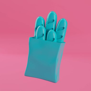 Mavi Çizgi film Fransız Baget Ekmeği Duotone Tek Renk Tarzı 'nda Beyaz Simgede Paketlenmiş pembe bir arka planda. 3d Hazırlama