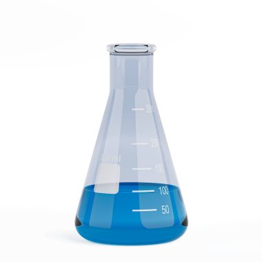 Şeffaf Kimya Laboratuvarı Konik Şişesi ve beyaz arka planda Mavi Sıvı. 3d Hazırlama